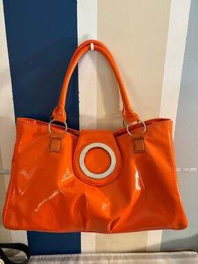 Cato Orange Patent Leather Faux Enamel Tote Bag with Silver Circle Hardware